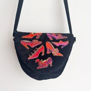 Vintage J. Renee Black Suede Shoe Embroidered Oval Crossbody Bag